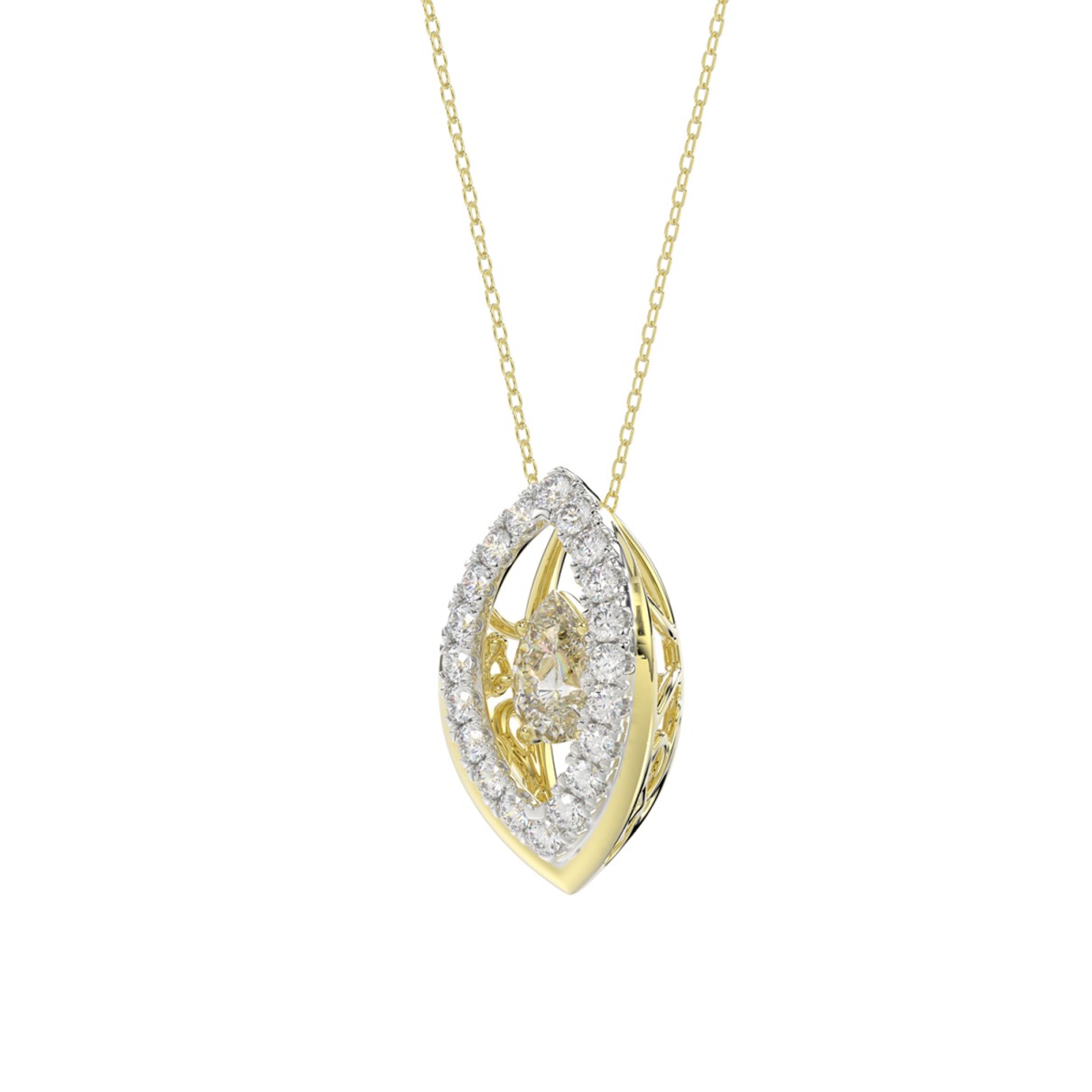 LADIES DANCING DIAMOND PENDANT WITH CHAIN 3/4CT ROUND/PEAR DIAMOND 14K YELLOW GOLD (CENTER STONE PEAR DIAMOND 1/2CT)