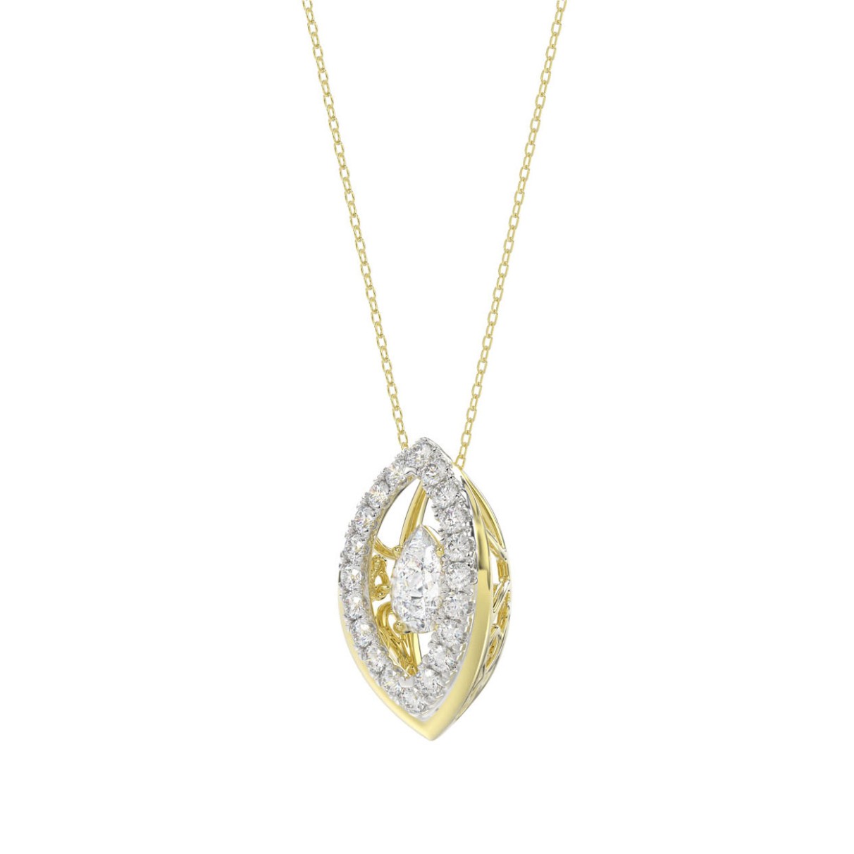 LADIES DANCING DIAMOND PENDANT WITH CHAIN 3/4CT ROUND/PEAR DIAMOND 14K YELLOW GOLD (CENTER STONE PEAR DIAMOND 1/2CT)