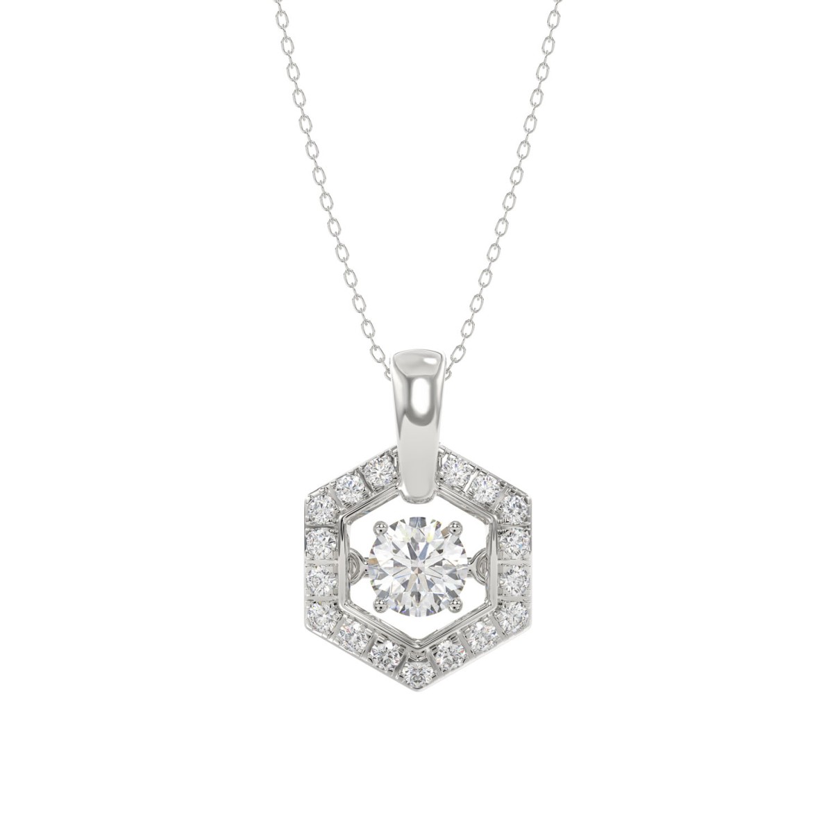 LADIES DANCING DIAMOND PENDANT WITH CHAIN 1/2CT ROUND DIAMOND 14K WHITE GOLD (CENTER STONE ROUND DIAMOND 1/3CT)