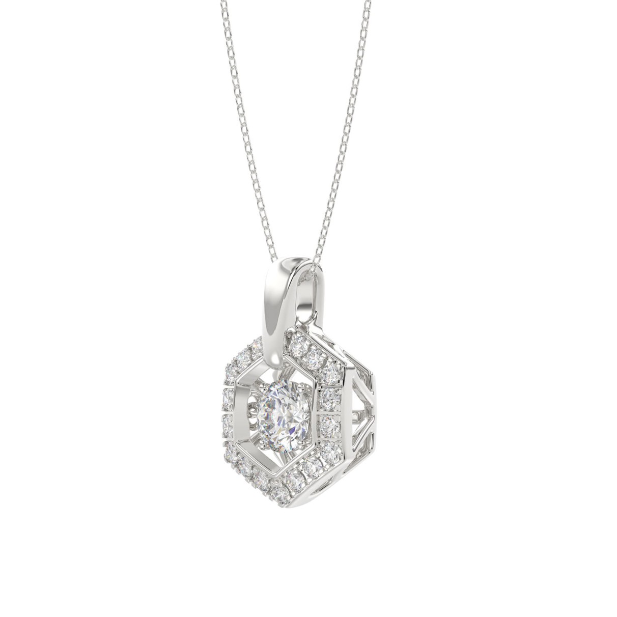 LADIES DANCING DIAMOND PENDANT WITH CHAIN 1/2CT ROUND DIAMOND 14K WHITE GOLD (CENTER STONE ROUND DIAMOND 1/3CT)