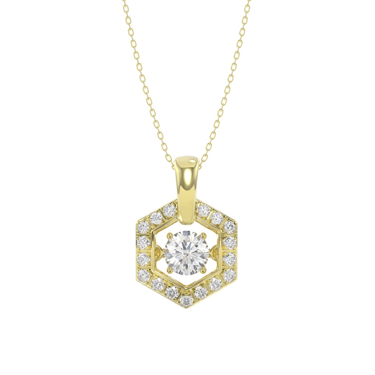 LADIES DANCING DIAMOND PENDANT WITH CHAIN 1/2CT ROUND DIAMOND 14K YELLOW GOLD (CENTER STONE ROUND DIAMOND 1/3CT)