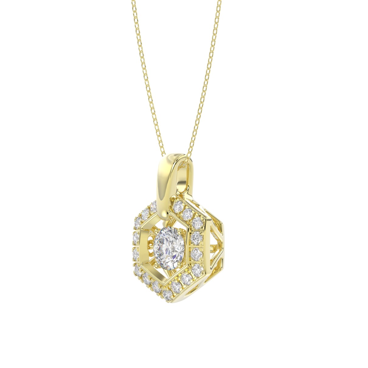 LADIES DANCING DIAMOND PENDANT WITH CHAIN 1/2CT ROUND DIAMOND 14K YELLOW GOLD (CENTER STONE ROUND DIAMOND 1/3CT)