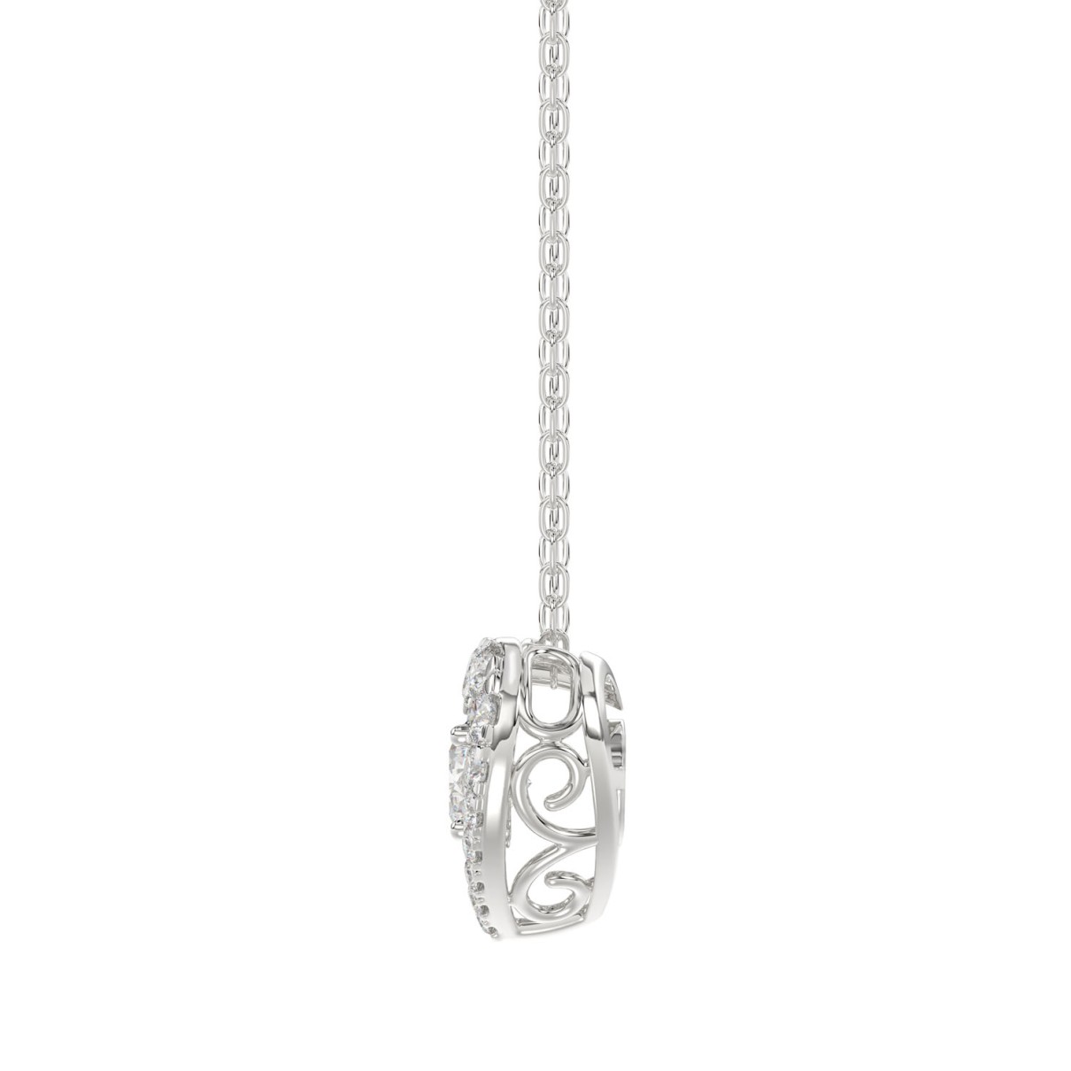 LADIES DANCING DIAMOND PENDANT WITH CHAIN 3/4CT ROUND DIAMOND 14K WHITE GOLD (CENTER STONE ROUND DIAMOND 1/2CT)