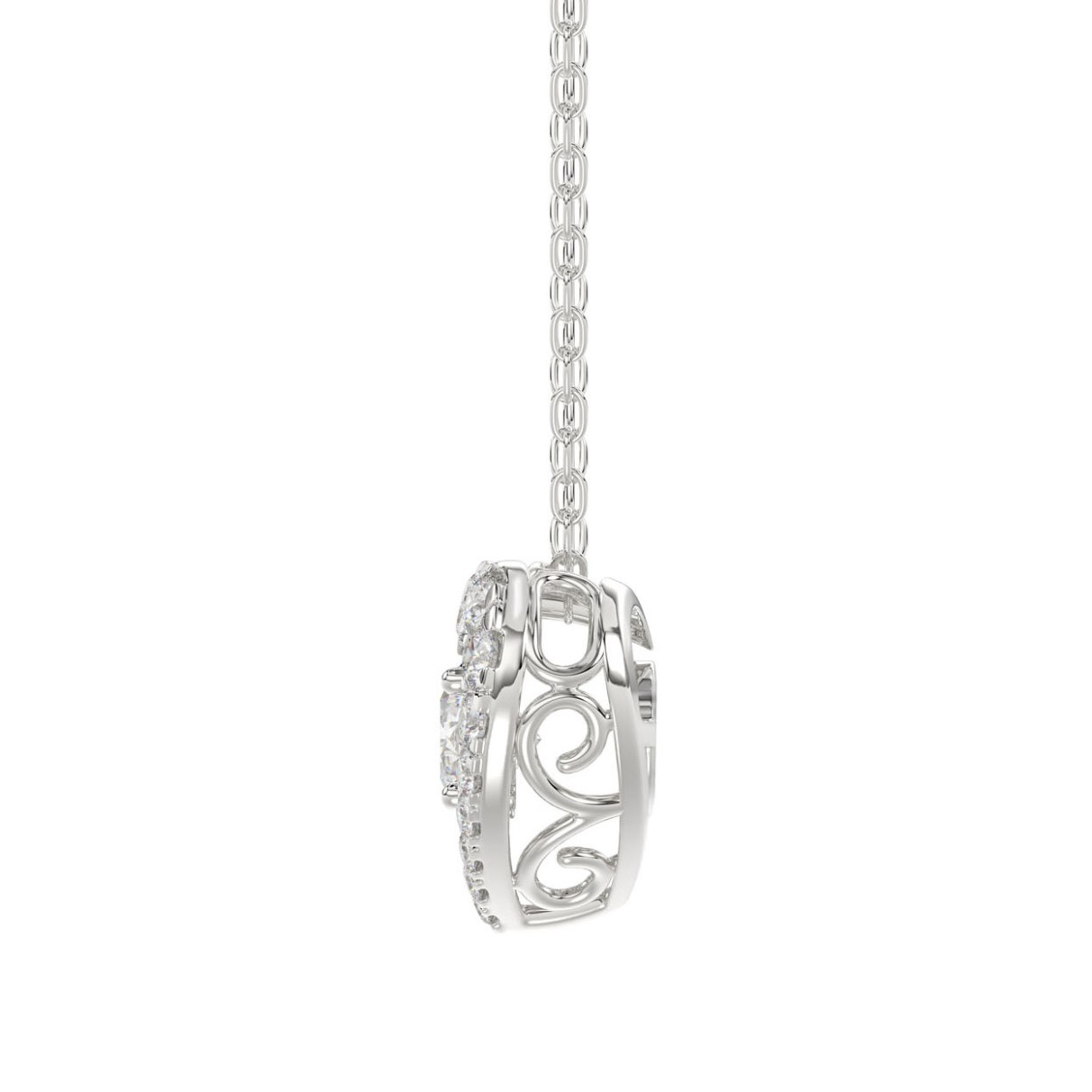 LADIES DANCING DIAMOND PENDANT WITH CHAIN 3/4CT ROUND DIAMOND 14K WHITE GOLD (CENTER STONE ROUND DIAMOND 1/2CT)