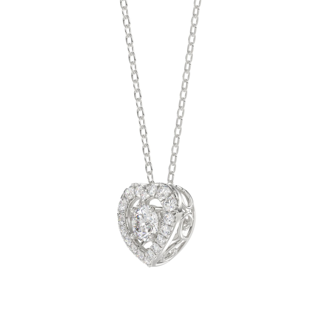 LADIES DANCING DIAMOND PENDANT WITH CHAIN 3/4CT ROUND DIAMOND 14K WHITE GOLD (CENTER STONE ROUND DIAMOND 1/2CT)