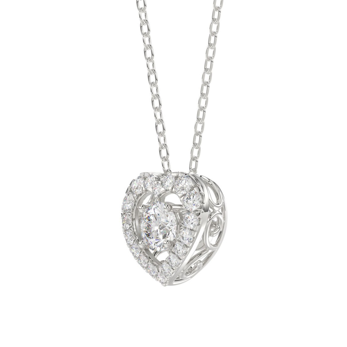 LADIES DANCING DIAMOND PENDANT WITH CHAIN 3/4CT ROUND DIAMOND 14K WHITE GOLD (CENTER STONE ROUND DIAMOND 1/2CT)