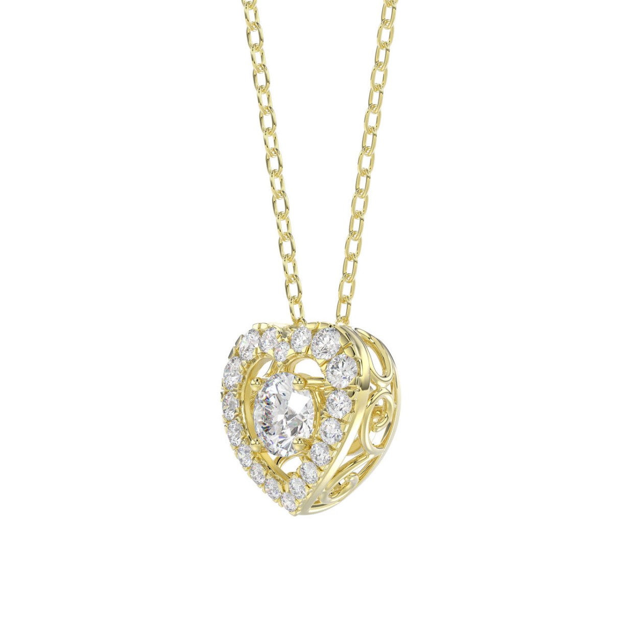 LADIES DANCING DIAMOND PENDANT WITH CHAIN 3/4CT ROUND DIAMOND 14K YELLOW GOLD (CENTER STONE ROUND DIAMOND 1/2CT)