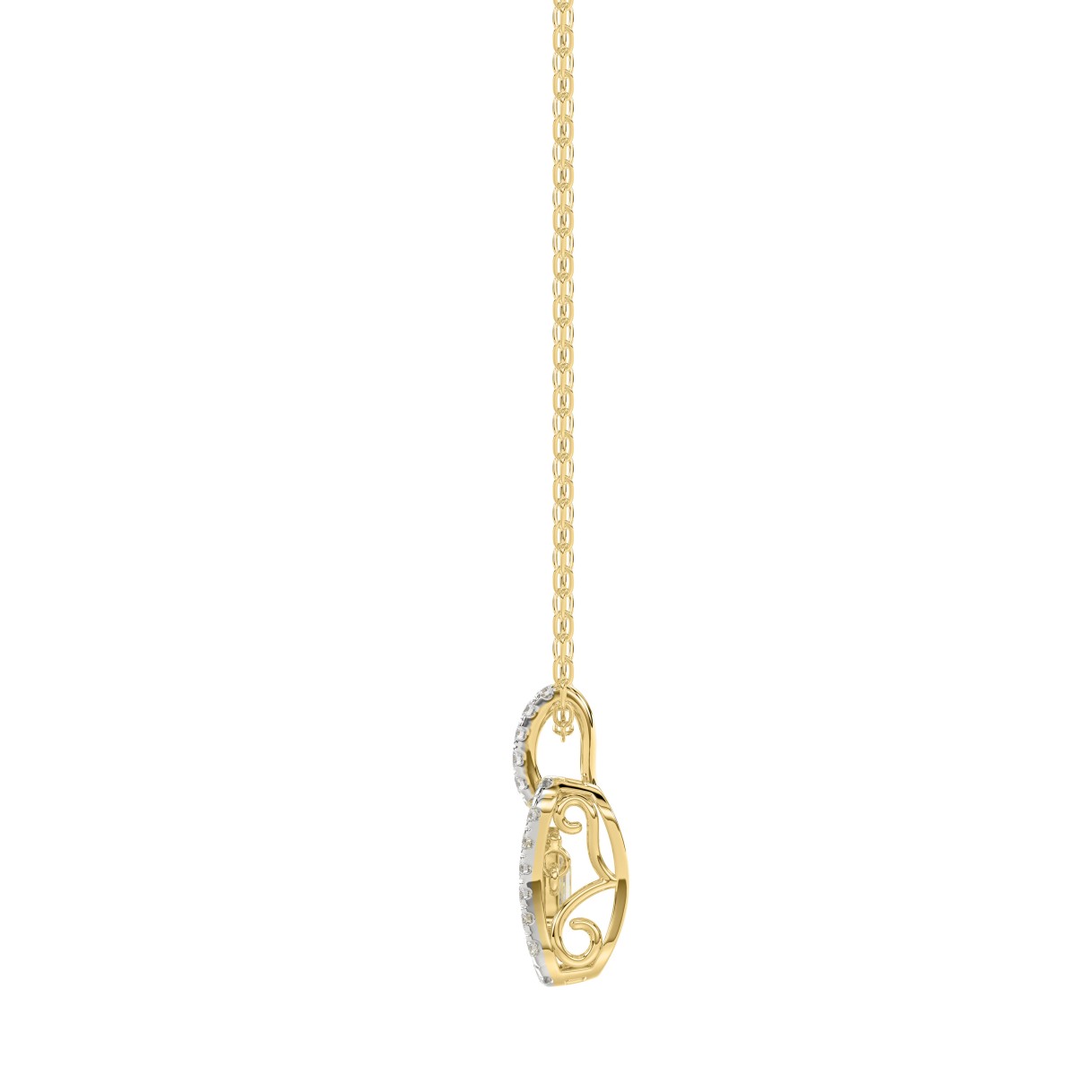 LADIES DANCING DIAMOND PENDANT WITH CHAIN 3/4CT ROUND/EMERALD DIAMOND 14K YELLOW GOLD (CENTER STONE EMERALD DIAMOND 1/2CT)