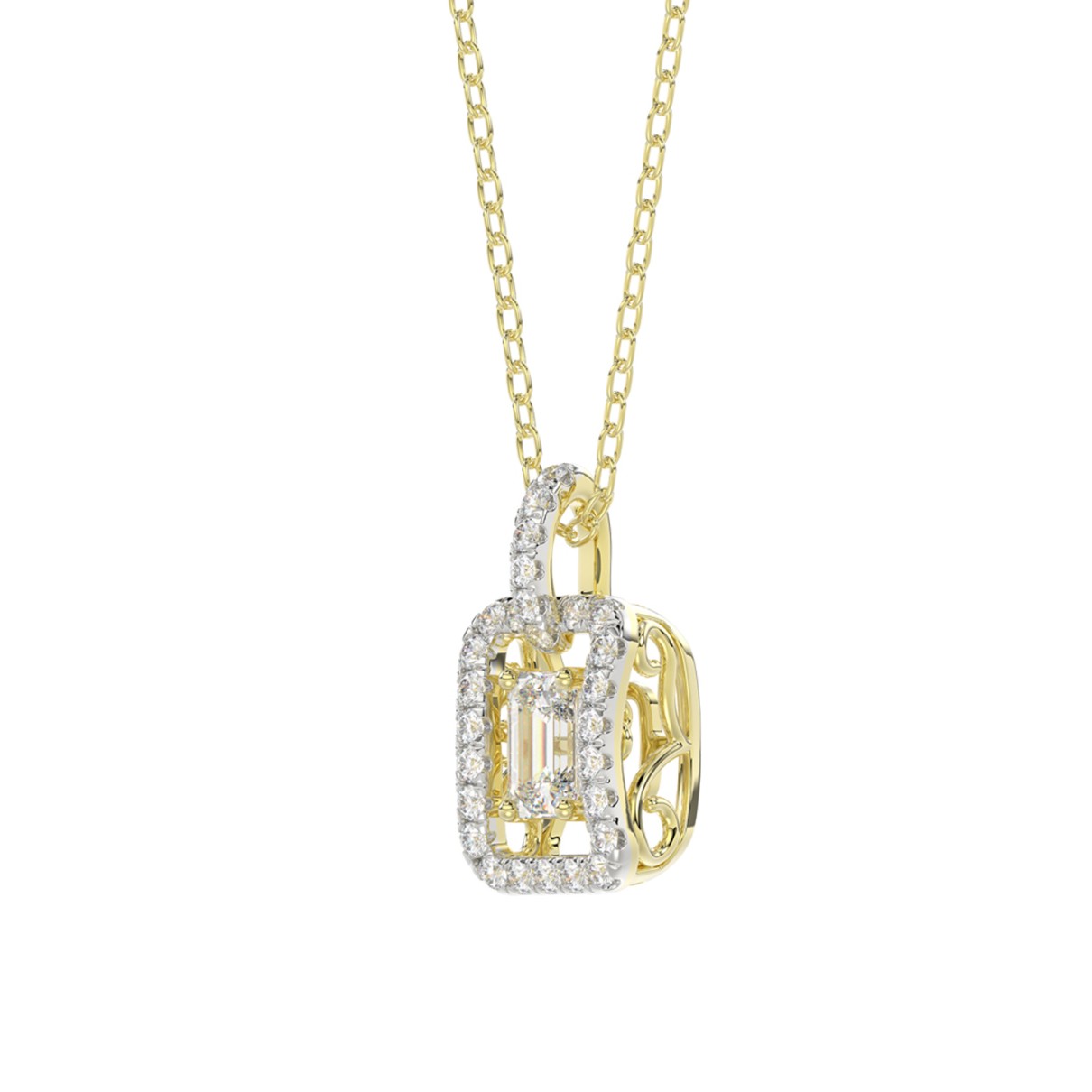 LADIES DANCING DIAMOND PENDANT WITH CHAIN 3/4CT ROUND/EMERALD DIAMOND 14K YELLOW GOLD (CENTER STONE EMERALD DIAMOND 1/2CT)