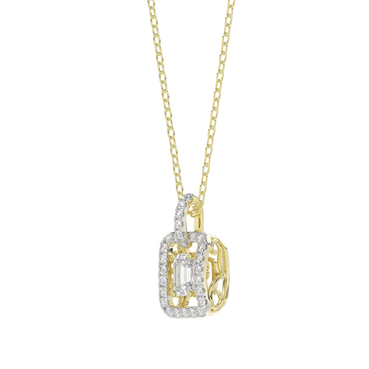 LADIES DANCING DIAMOND PENDANT WITH CHAIN 3/4CT ROUND/EMERALD DIAMOND 14K YELLOW GOLD (CENTER STONE EMERALD DIAMOND 1/2CT)