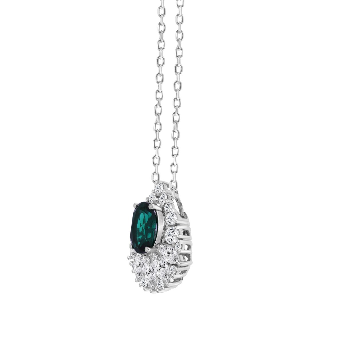 LADIES PENDANT 1CT ROUND/MARQUISE/OVAL DIAMOND 14K WHITE GOLD WITH CHAIN (CENTER STONE EMERALD OVAL DIAMOND (1 1/4CT)