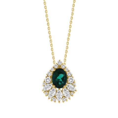 14K YELLOW GOLD 1.00CT ROUND/MARQUISE/OVAL DIAMOND LADIES PENDANT WITH CHAIN (CENTER STONE EMERALD OVAL DIAMOND 1 1/4CT)