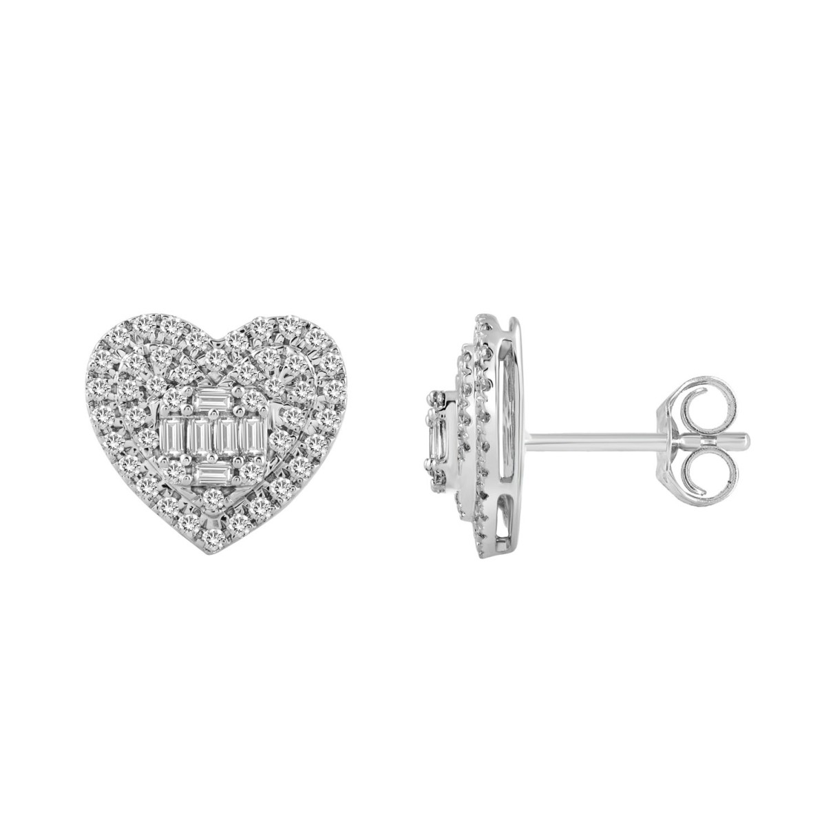 LADIES EARRINGS 0.50CT ROUND/BAGUETTE DIAMOND 14K WHITE GOLD 