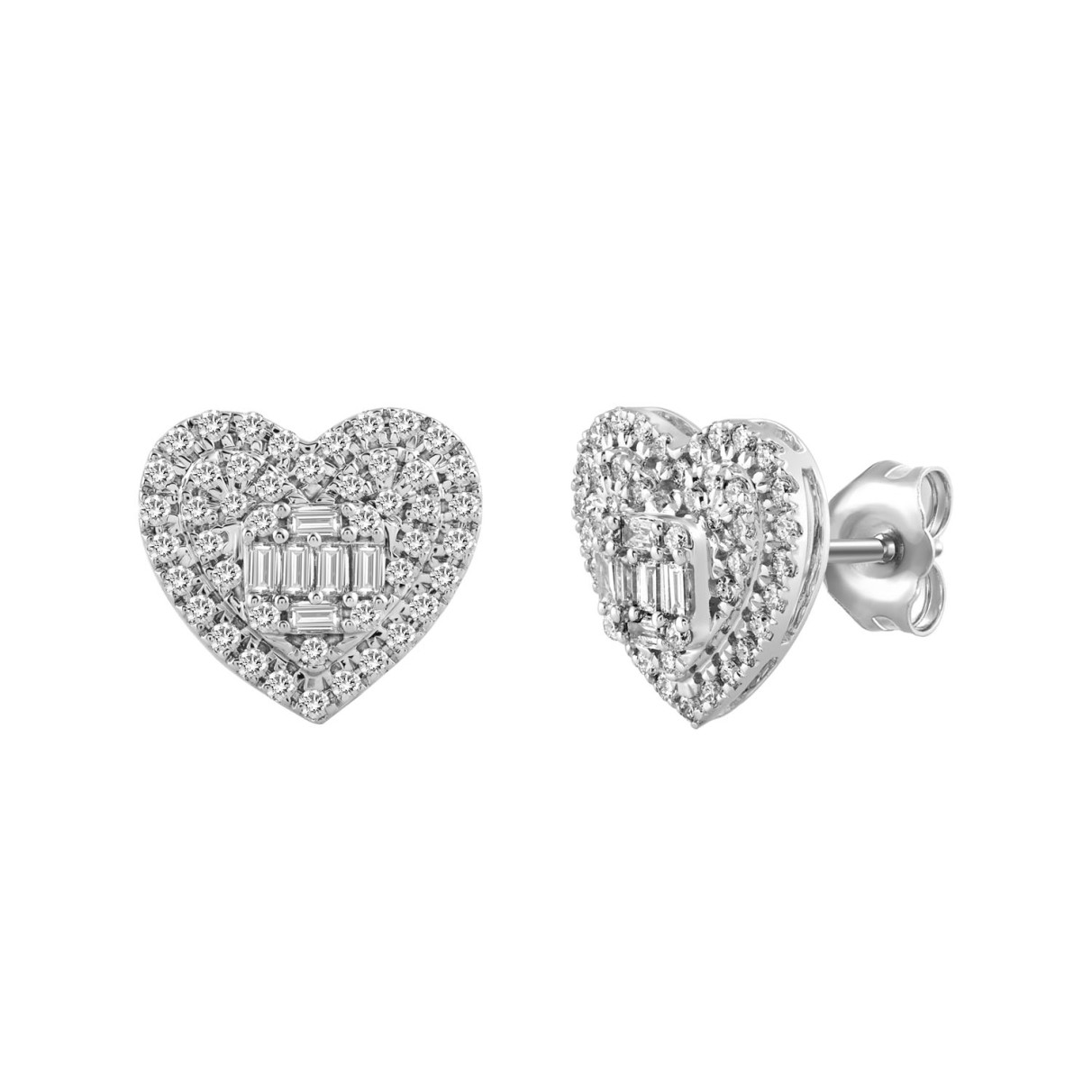 LADIES EARRINGS 0.50CT ROUND/BAGUETTE DIAMOND 14K WHITE GOLD 