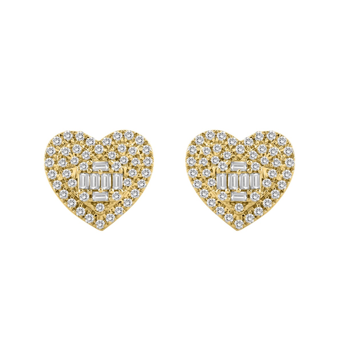 LADIES EARRINGS 1/2CT ROUND/BAGUETTE DIAMOND 14K YELLOW GOLD 