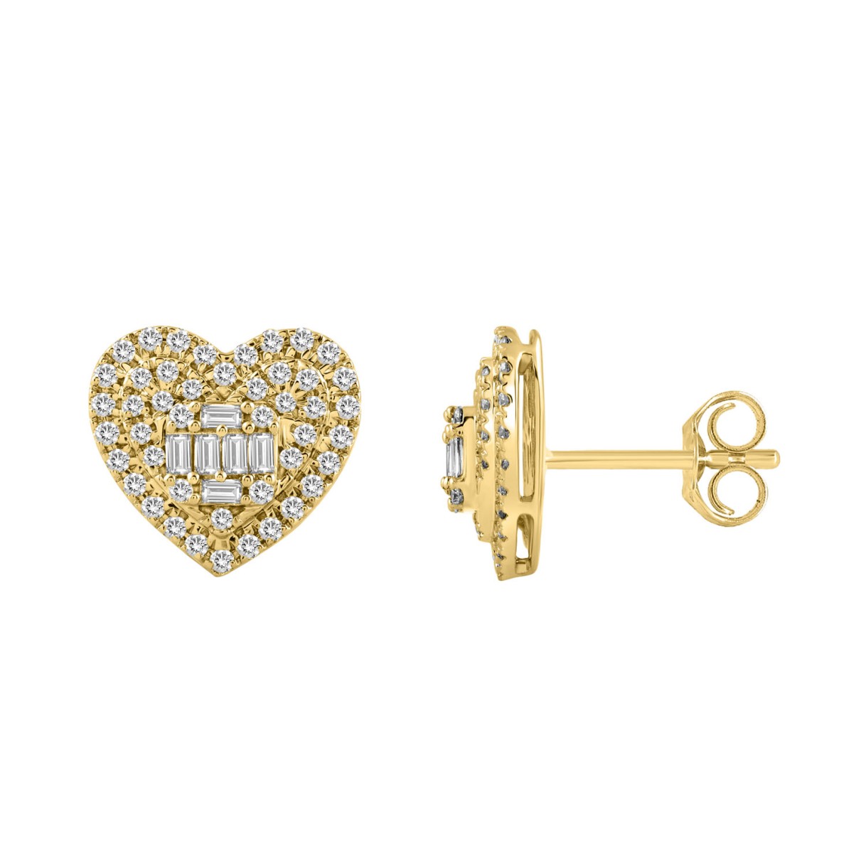 LADIES EARRINGS 1/2CT ROUND/BAGUETTE DIAMOND 14K YELLOW GOLD 