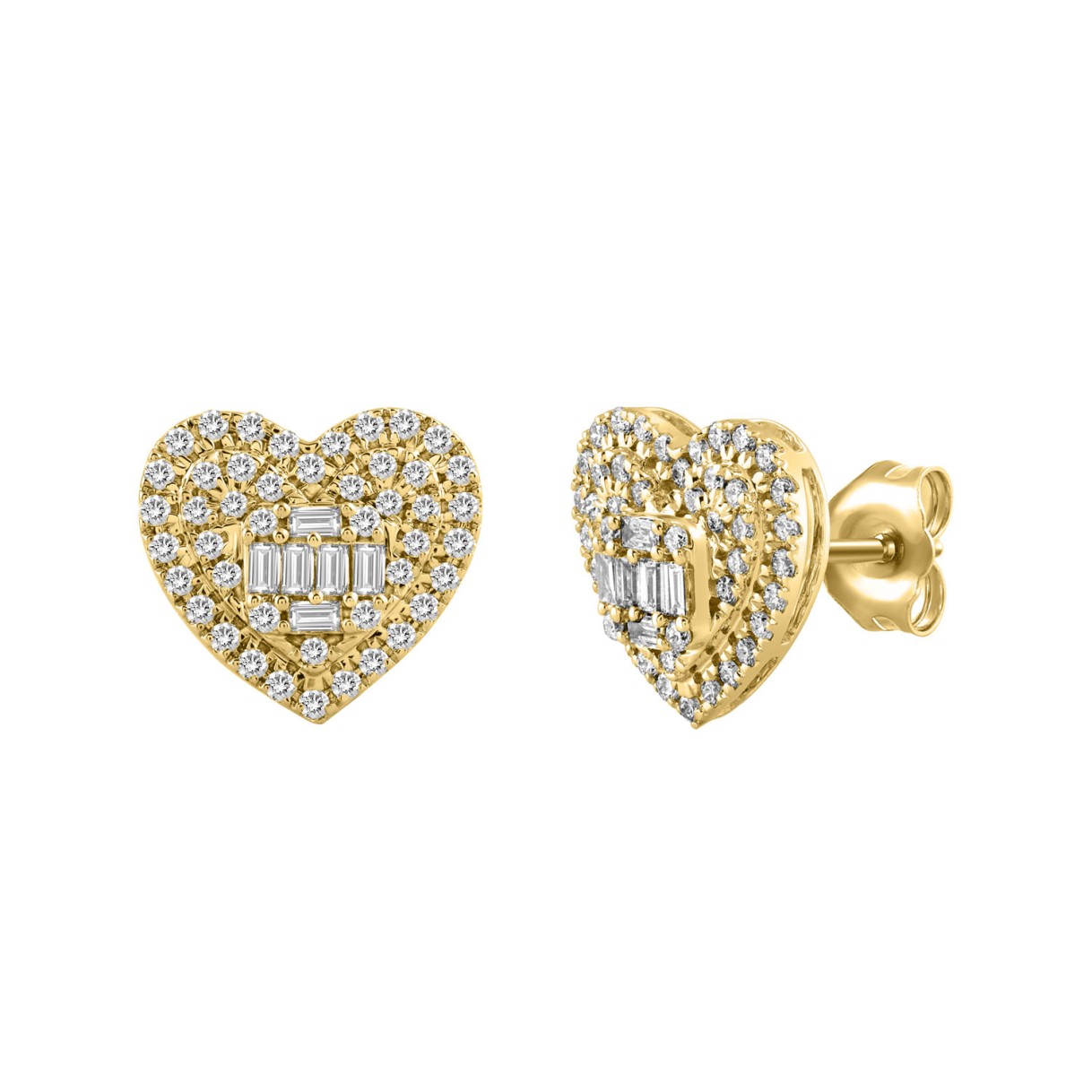 LADIES EARRINGS 1/2CT ROUND/BAGUETTE DIAMOND 14K YELLOW GOLD 