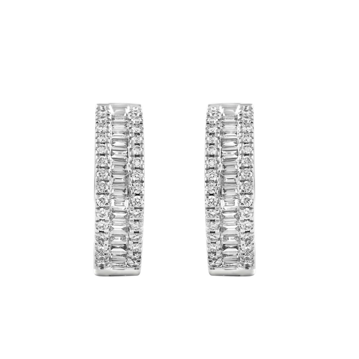 LADIES HOOP EARRINGS 1/2CT ROUND/BAGUETTE DIAMOND 14K WHITE GOLD 