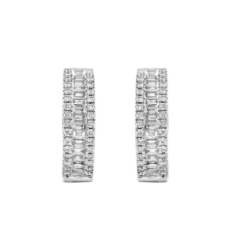 LADIES HOOP EARRINGS 1/2CT ROUND/BAGUETTE DIAMOND 14K WHITE GOLD 