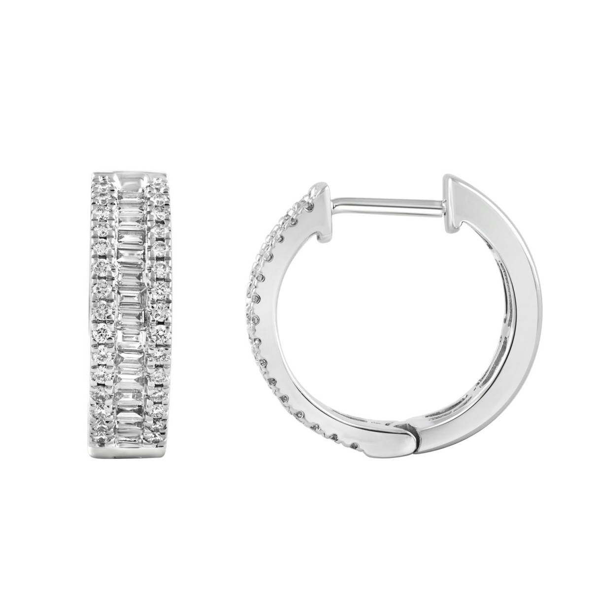 LADIES HOOP EARRINGS 0.50CT ROUND/BAGUETTE DIAMOND 14K WHITE GOLD 