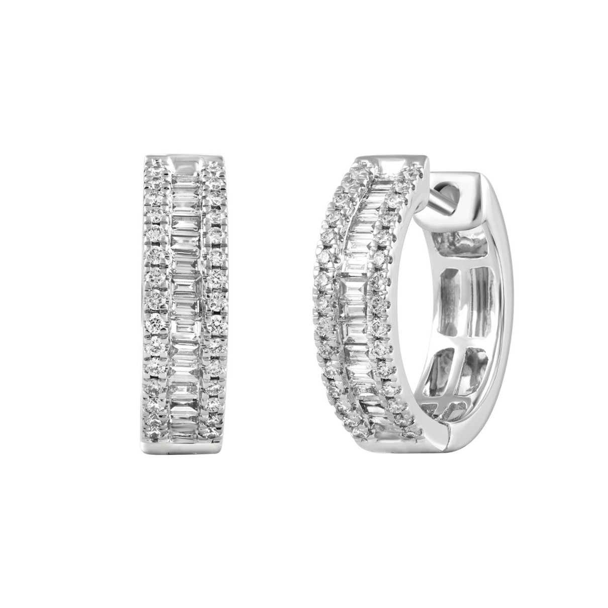 LADIES HOOP EARRINGS 0.50CT ROUND/BAGUETTE DIAMOND 14K WHITE GOLD 