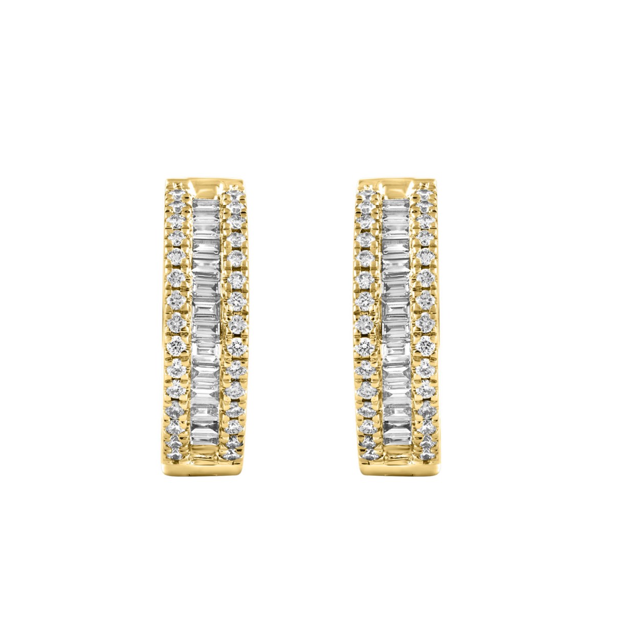 LADIES HOOP EARRINGS 0.50CT ROUND/BAGUETTE DIAMOND 14K YELLOW GOLD 