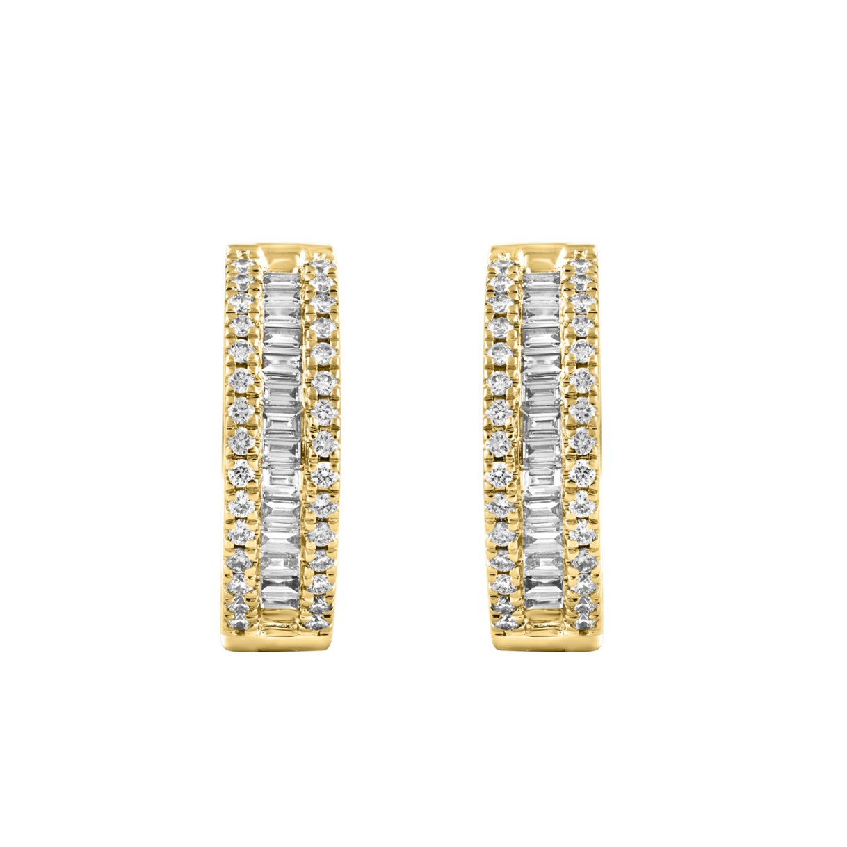 LADIES HOOP EARRINGS  1/2CT ROUND/BAGUETTE DIAMOND 14K YELLOW GOLD 