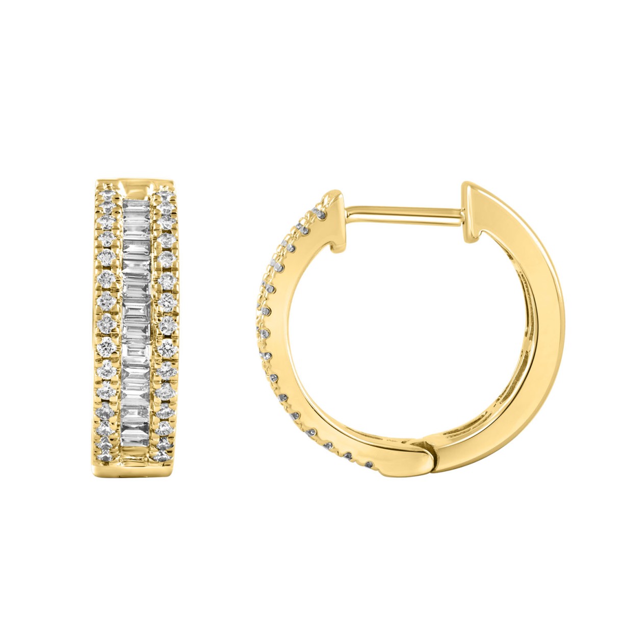 LADIES HOOP EARRINGS  1/2CT ROUND/BAGUETTE DIAMOND 14K YELLOW GOLD 