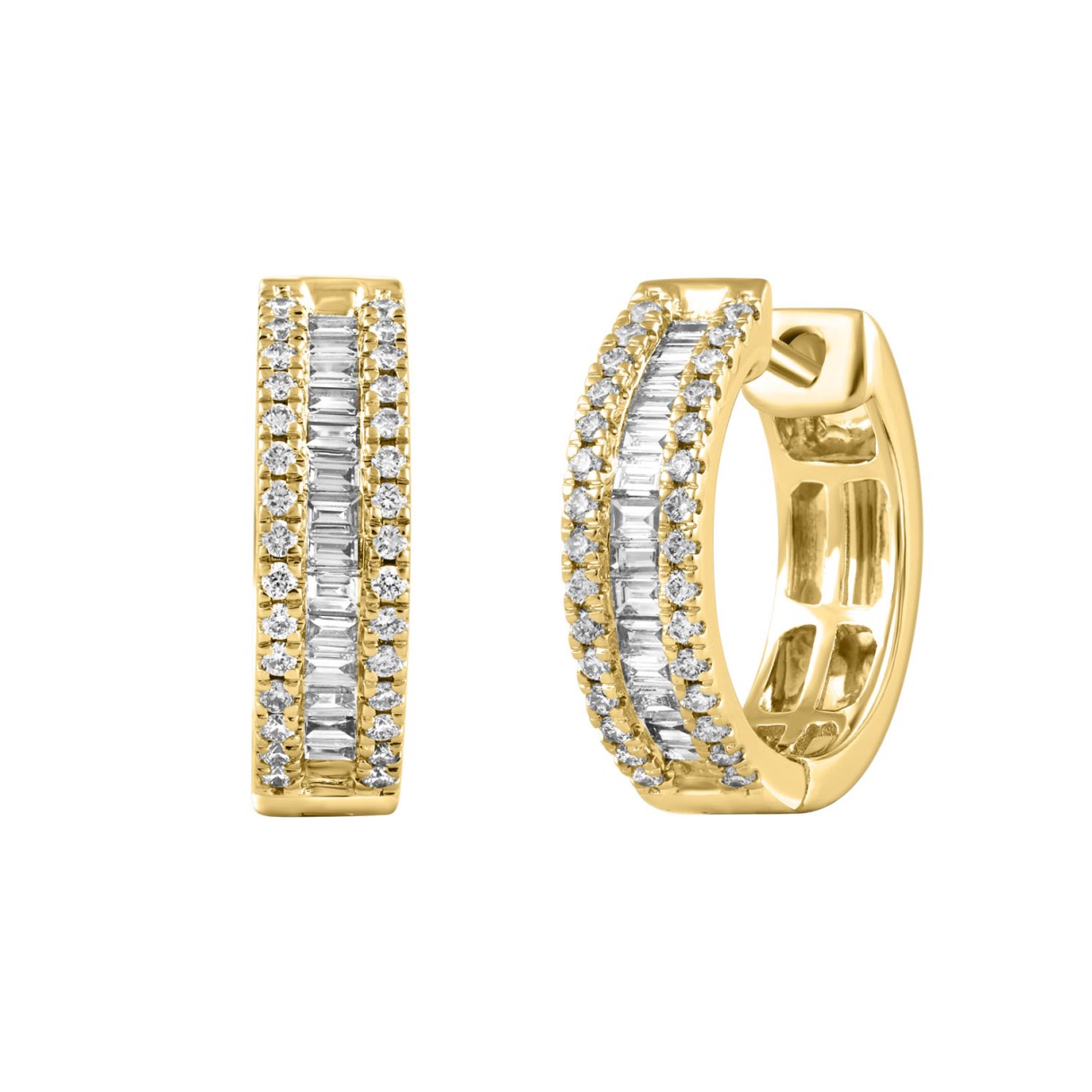 LADIES HOOP EARRINGS  1/2CT ROUND/BAGUETTE DIAMOND 14K YELLOW GOLD 