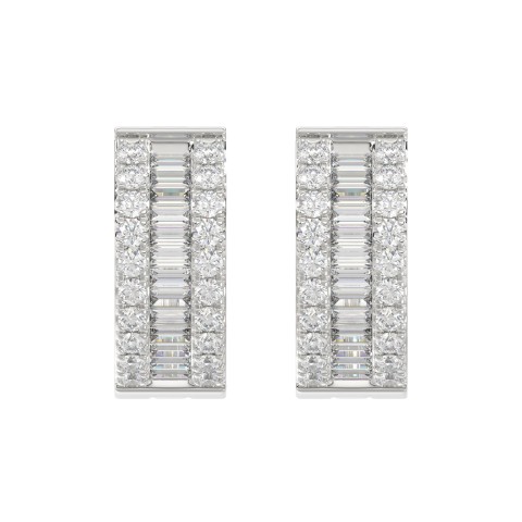 LADIES HOOP EARRINGS 3/8CT ROUND/BAGUETTE DIAMOND 14K WHITE GOLD 