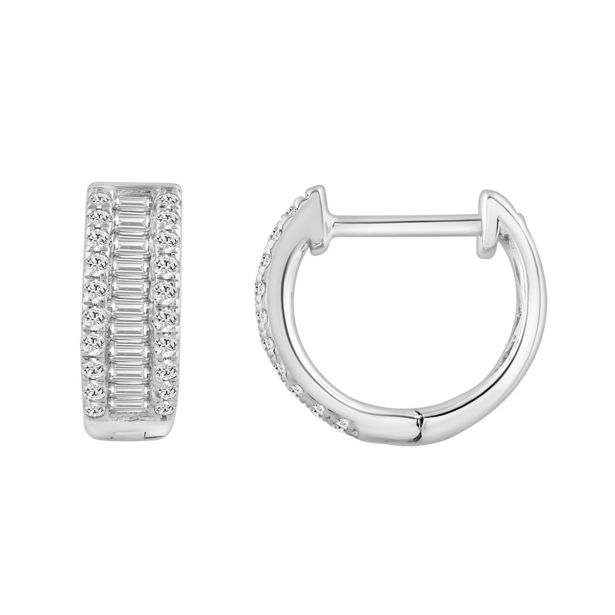 LADIES HOOP EARRINGS 0.40CT ROUND/BAGUETTE DIAMOND 14K WHITE GOLD 