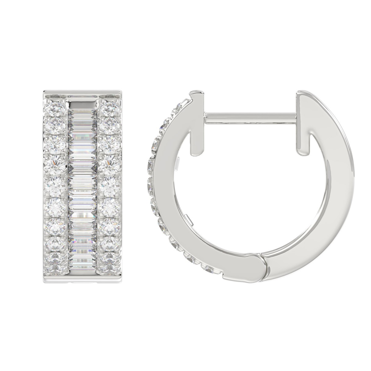 LADIES HOOP EARRINGS 3/8CT ROUND/BAGUETTE DIAMOND 14K WHITE GOLD 