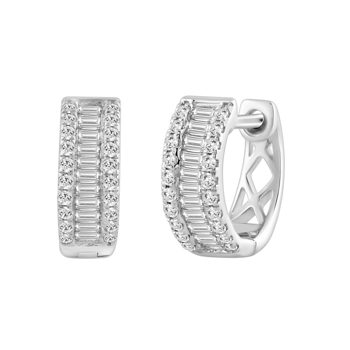 LADIES HOOP EARRINGS 0.40CT ROUND/BAGUETTE DIAMOND 14K WHITE GOLD 