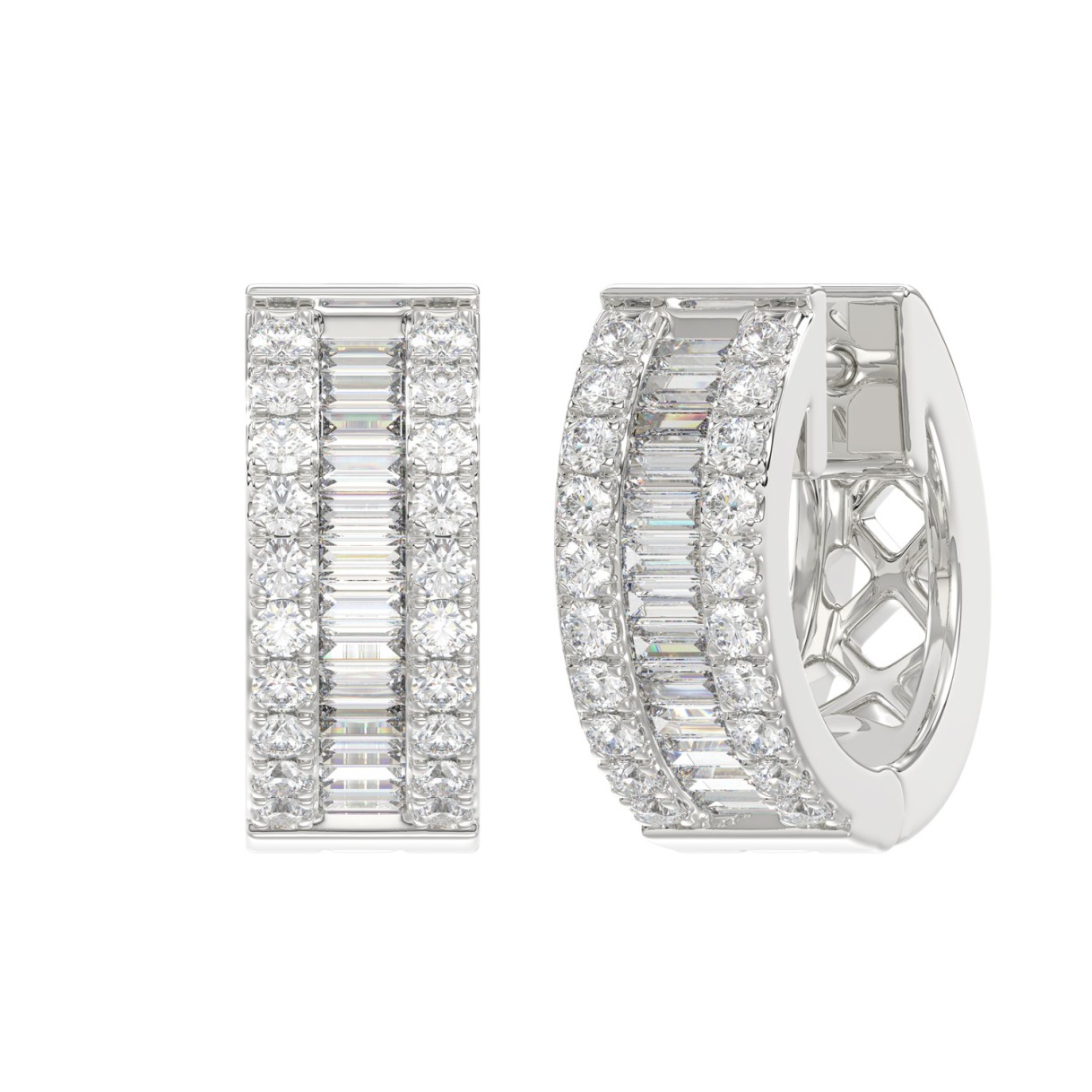 LADIES HOOP EARRINGS 3/8CT ROUND/BAGUETTE DIAMOND 14K WHITE GOLD 