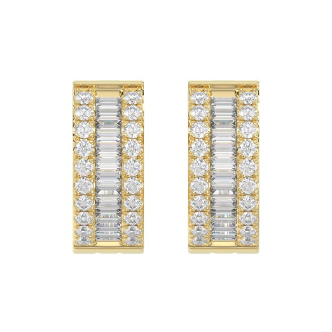 LADIES HOOP EARRINGS 3/8CT ROUND/BAGUETTE DIAMOND 14K YELLOW GOLD 