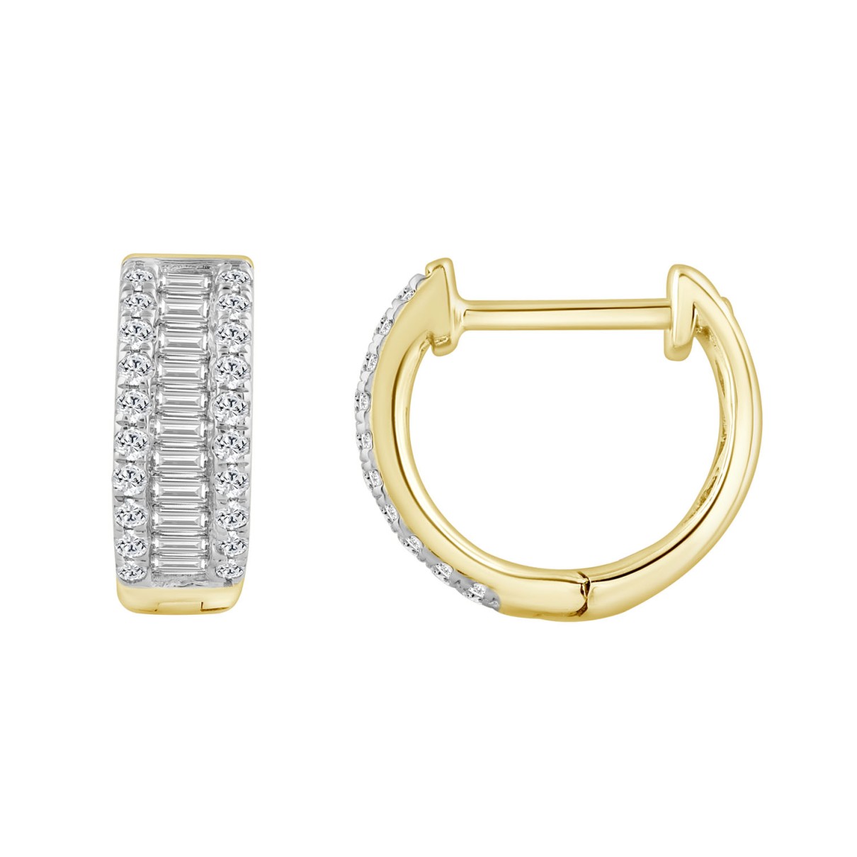 LADIES HOOP EARRINGS 0.40CT ROUND/BAGUETTE DIAMOND 14K YELLOW GOLD 