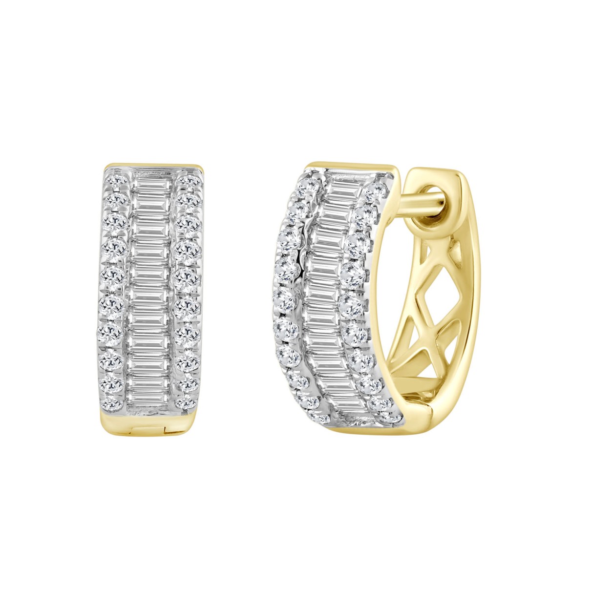 LADIES HOOP EARRINGS 0.40CT ROUND/BAGUETTE DIAMOND 14K YELLOW GOLD 