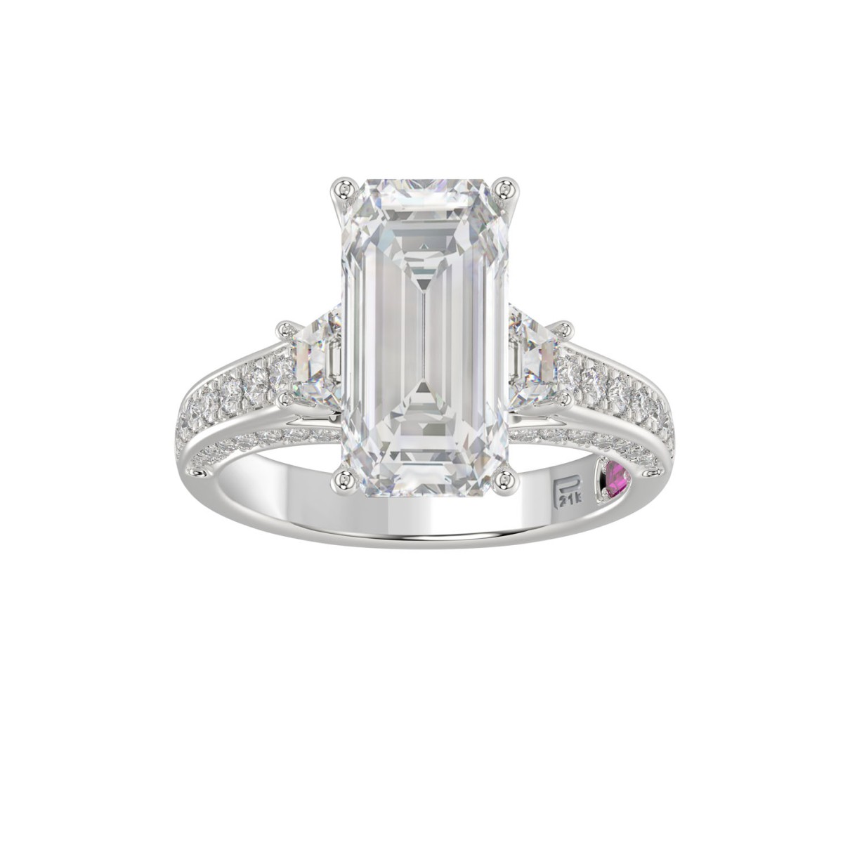 LADIES RING 4.00CT ROUND/EMERALD/BAGUETTE DIAMOND WHITE PLATINUM (CENTER STONE EMERALD DIAMOND 3CT)