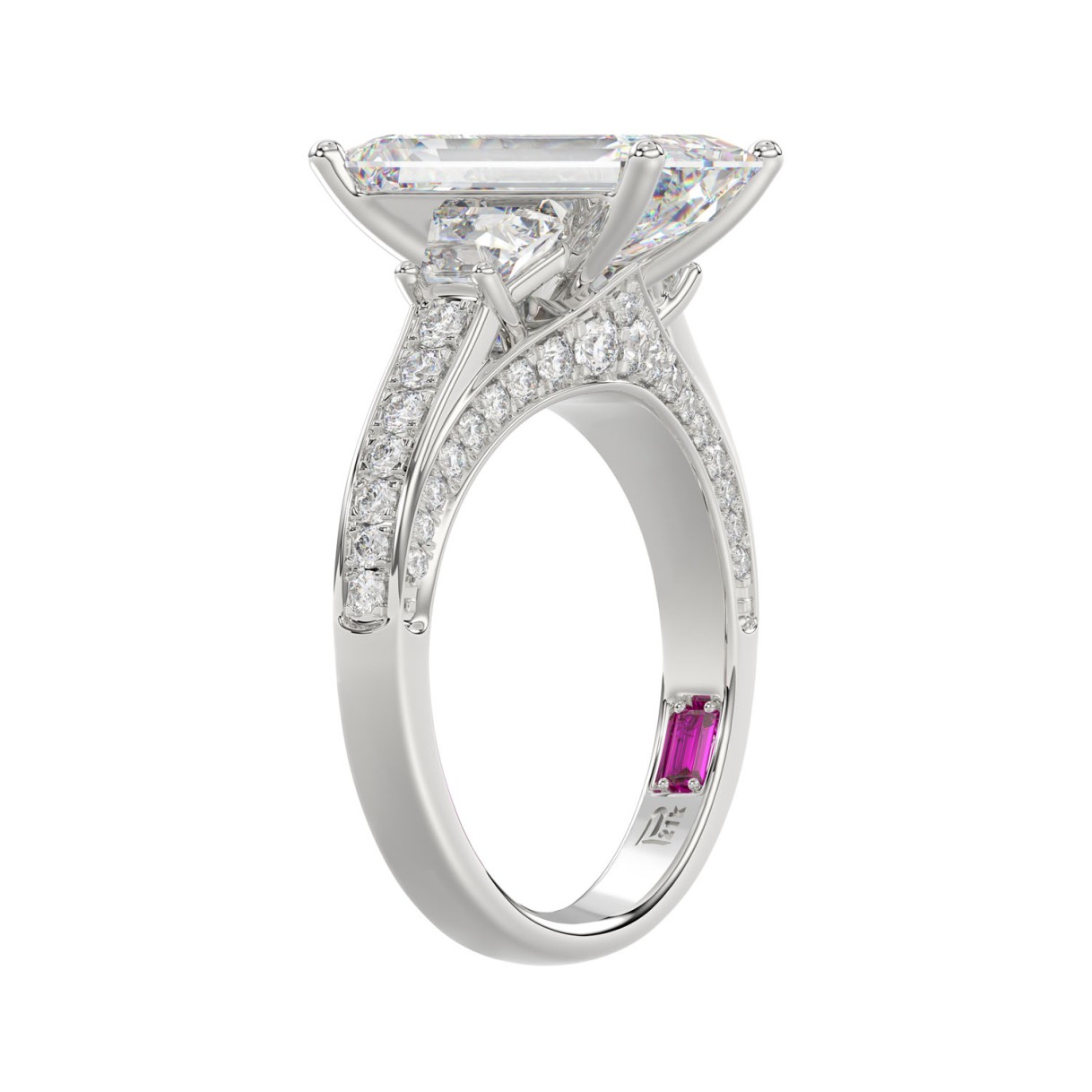 21K PLATINUM LADIES RING WITH 4.00CT TRAPEZOID/ROUND/EMERALD/BAGUETTE DIAMONDS (CENTER STONE EMERALD DIAMOND 3CT)