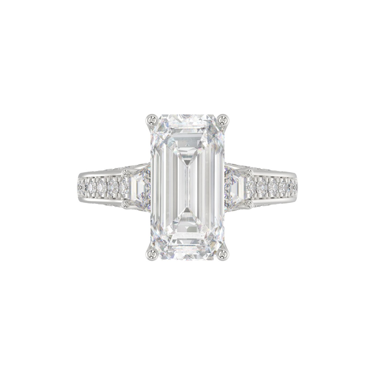 LADIES RING 4.00CT ROUND/EMERALD/BAGUETTE DIAMOND WHITE PLATINUM (CENTER STONE EMERALD DIAMOND 3CT)