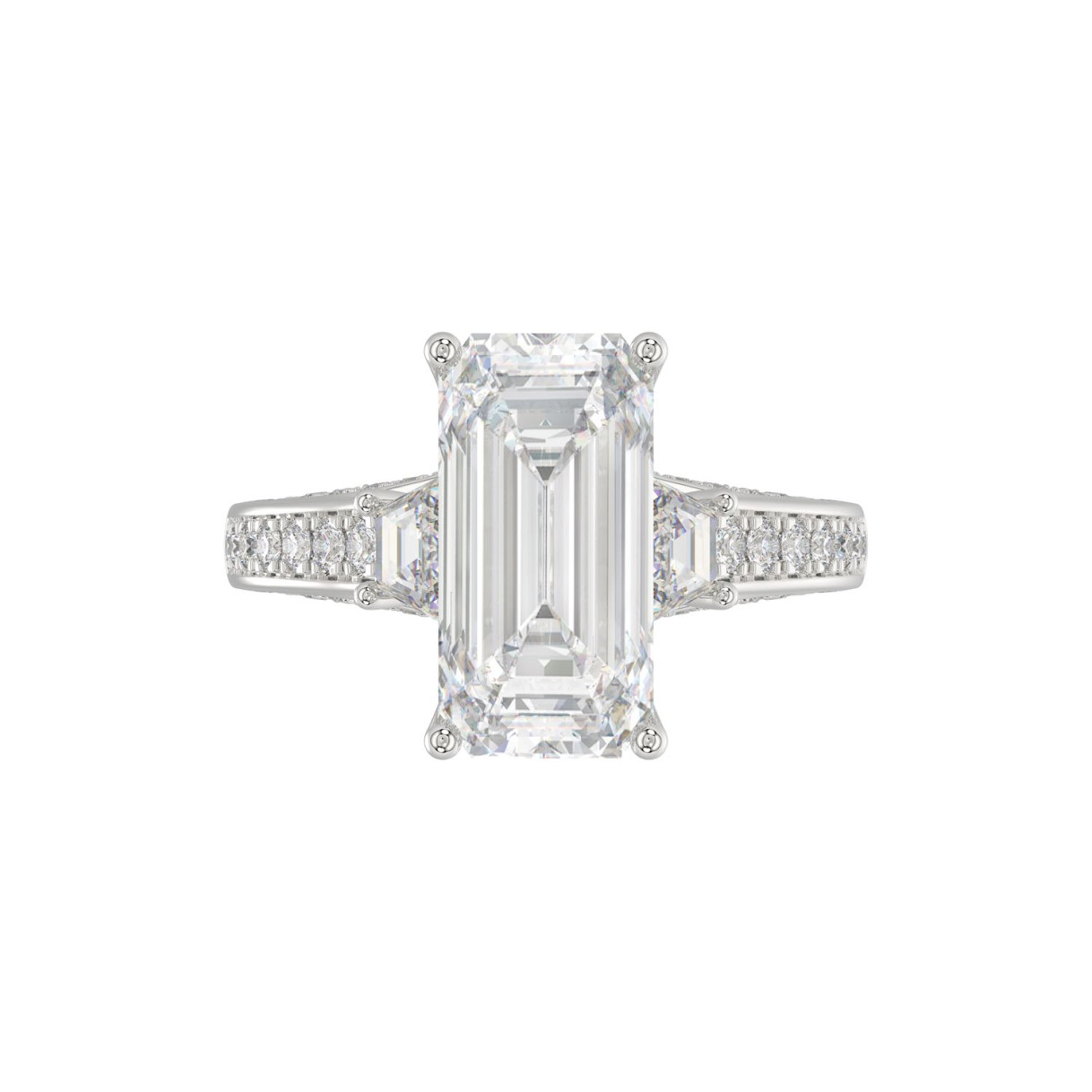21K PLATINUM LADIES RING WITH 4.00CT TRAPEZOID/ROUND/EMERALD/BAGUETTE DIAMONDS (CENTER STONE EMERALD DIAMOND 3CT)