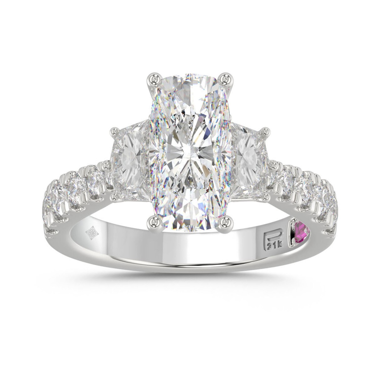 LADIES RING 3.33CT ROUND/CUSHION/BAGUETTE DIAMOND WHITE PLATINUM (CENTER STONE CUSHION DIAMOND 2CT)