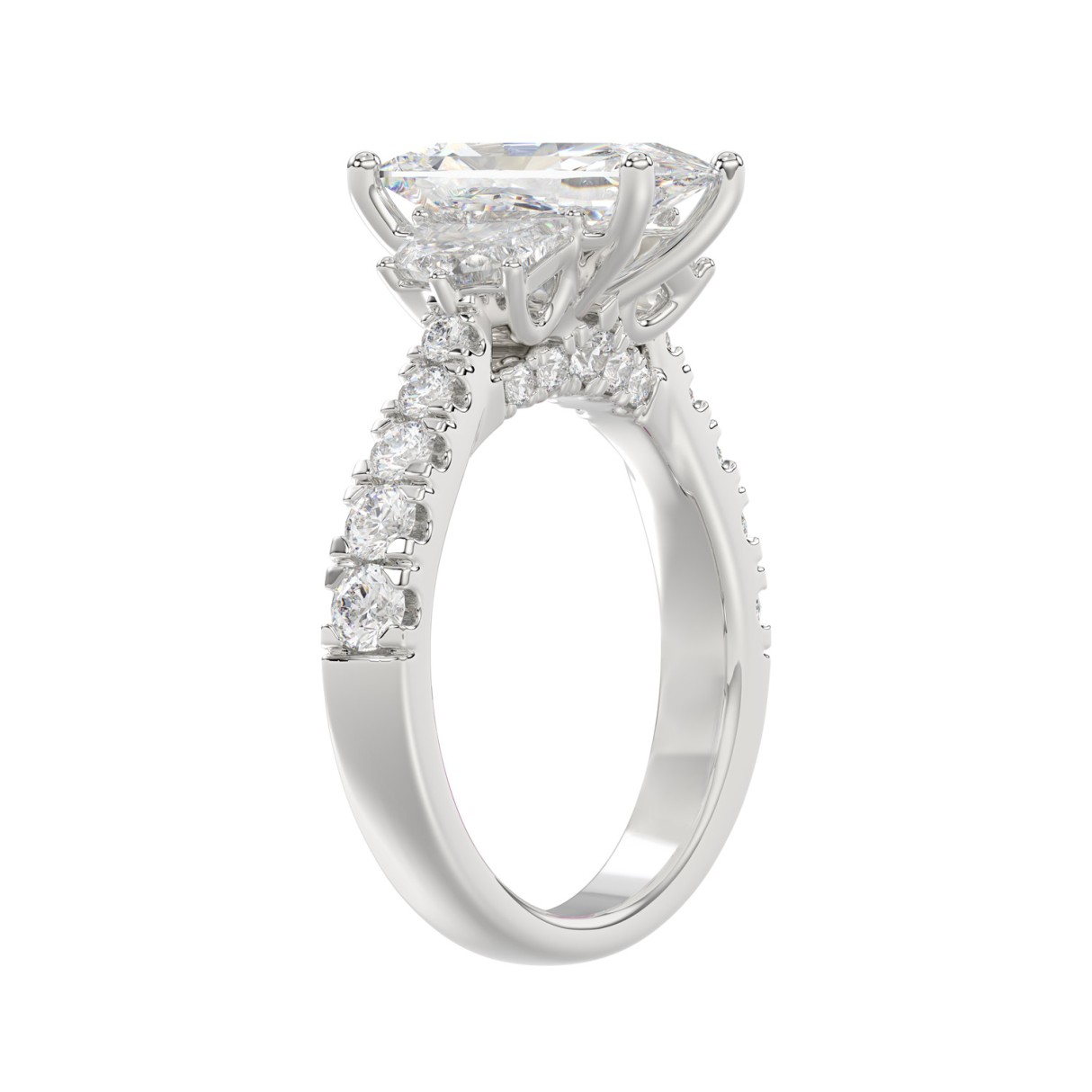 Luxury 14K White Gold 3 1/3Ct Round, Cushion & Cadillac Diamond Three-Stone Engagement Ring For Women With 2.00Ct Cushion Center Stone (Color F-G -Clarity Vs1/Vs2)