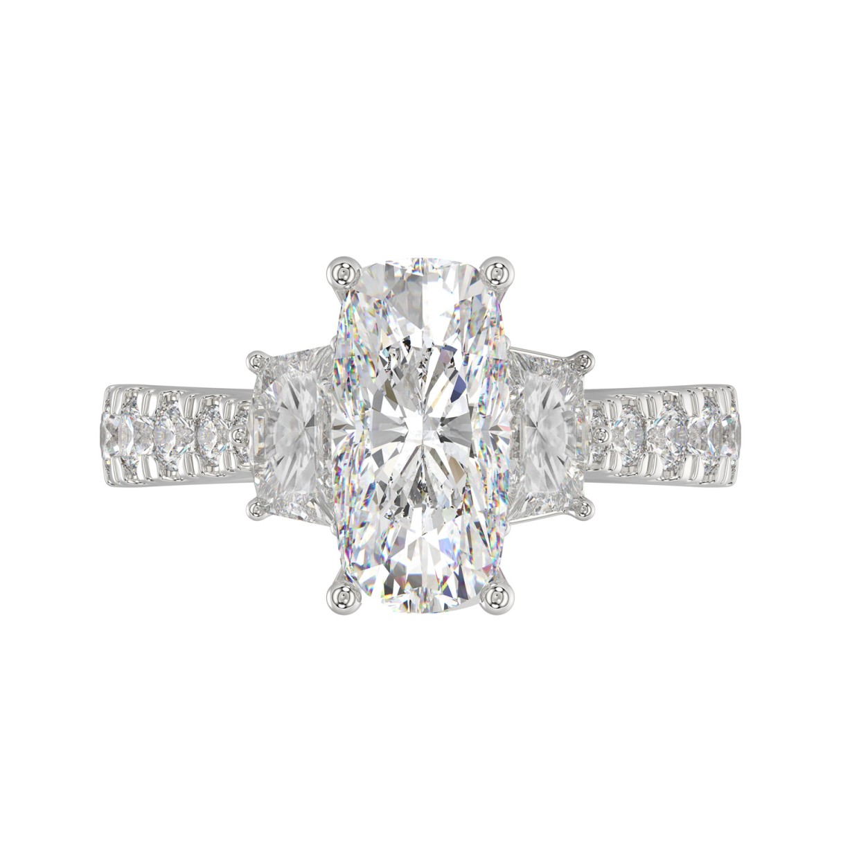 Luxury 14K White Gold 3 1/3Ct Round, Cushion & Cadillac Diamond Three-Stone Engagement Ring For Women With 2.00Ct Cushion Center Stone (Color F-G -Clarity Vs1/Vs2)