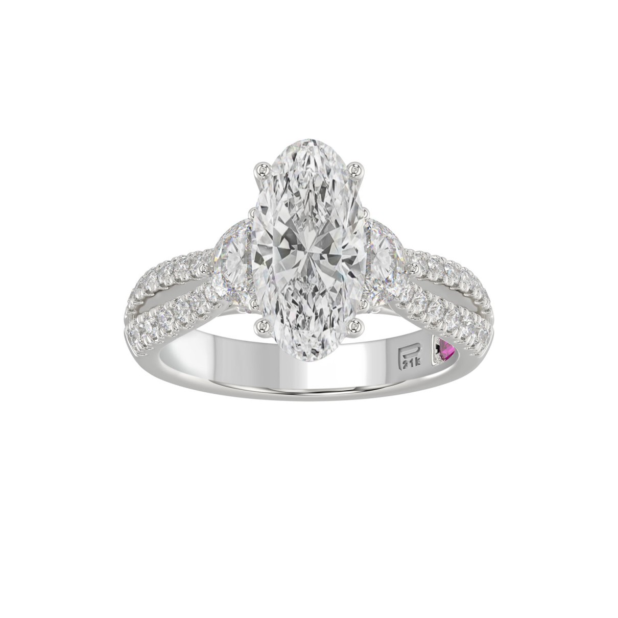 LADIES RING 3.00CT ROUND/OVAL/HALF MOON/BAGUETTE DIAMOND WHITE PLATINUM (CENTER STONE OVAL DIAMOND 2CT)