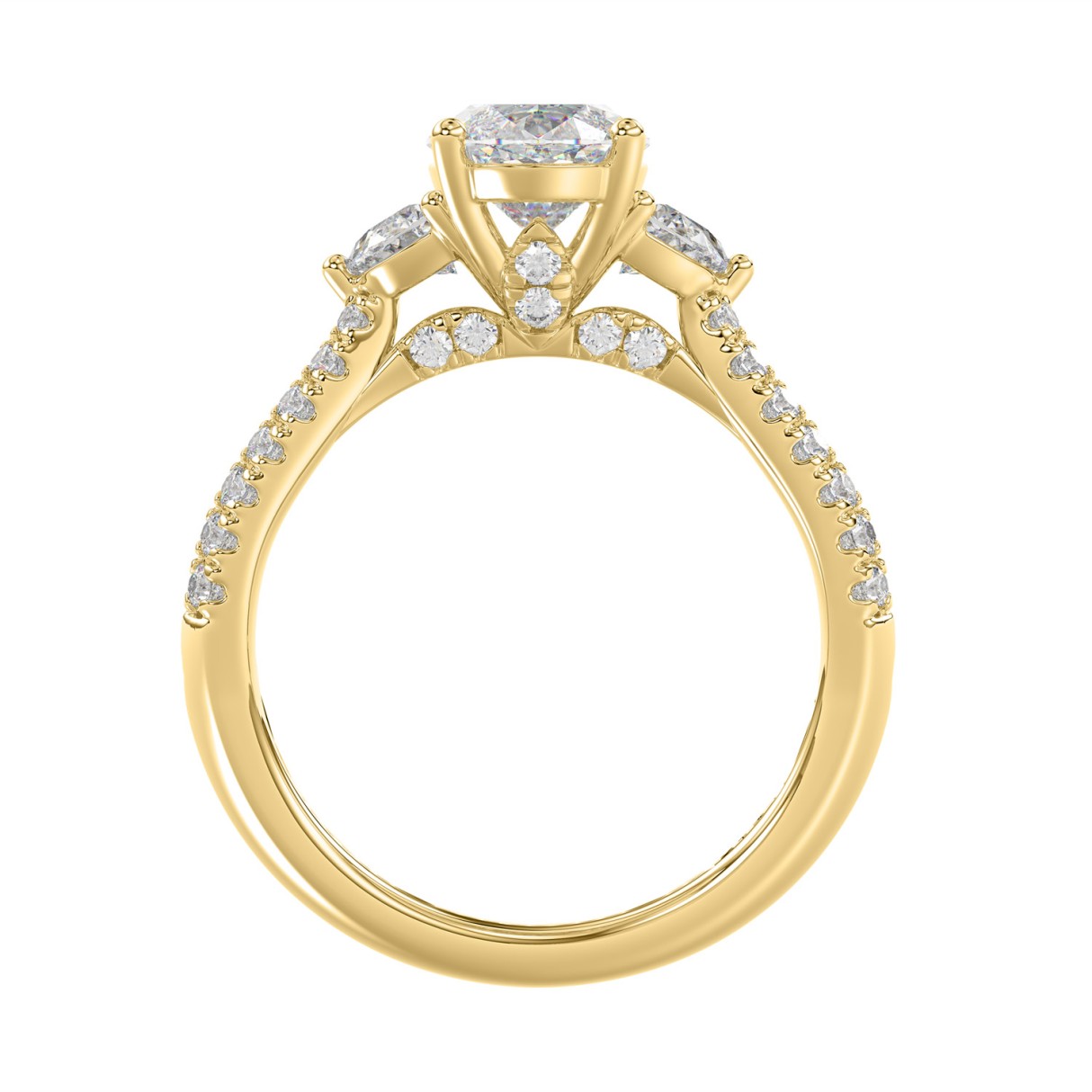 Ladies 14K Yellow Gold ladies Ring Featuring Round, Half-Moon & Baguette Diamonds 3.00CT  Oval  Center stone (Color F-G -Clarity VS1/VS2)