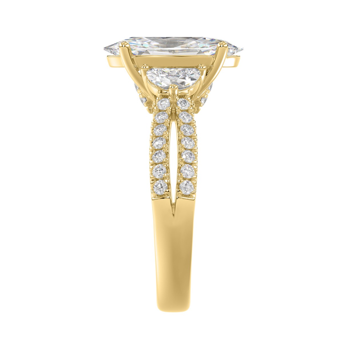 Ladies 14K Yellow Gold ladies Ring Featuring Round, Half-Moon & Baguette Diamonds 3.00CT  Oval  Center stone (Color F-G -Clarity VS1/VS2)