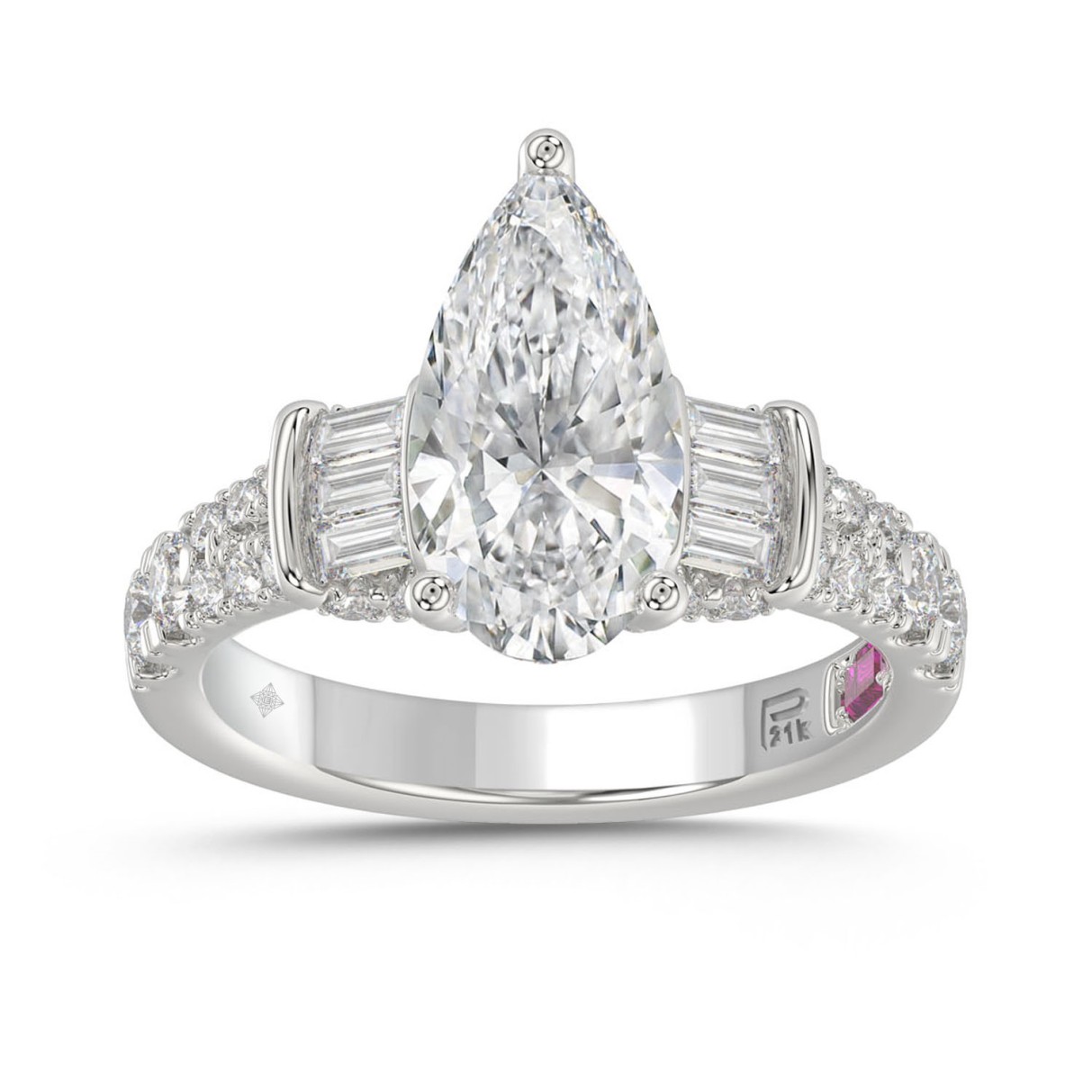 LADIES RING 2.75CT ROUND DIAMOND PEAR DIAMOND BAGUETTE DIAMOND WHITE PLATINUM (CENTER STONE PEAR DIAMOND 2CT)