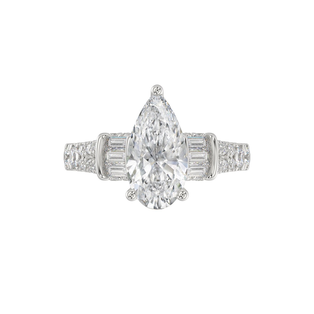 LADIES RING 2.75CT ROUND DIAMOND PEAR DIAMOND BAGUETTE DIAMOND WHITE PLATINUM (CENTER STONE PEAR DIAMOND 2CT)