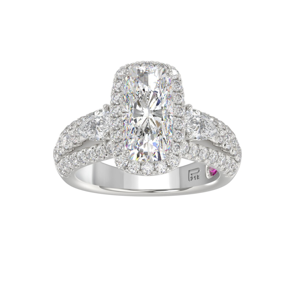 LADIES RING 3.50CT ROUND DIAMOND PEAR/CUSHION/BAGUETTE DIAMOND WHITE PLATINUM (CENTER STONE CUSHION DIAMOND 2CT)